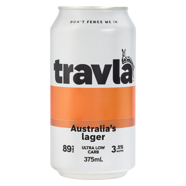 Travla Mid Strength Lager Cans 24x375ml product image.