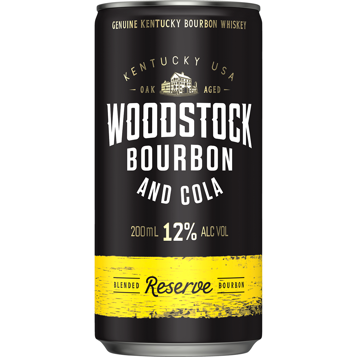 Woodstock Bourbon & Cola Reserve Blend Cans 24x200ml product image.