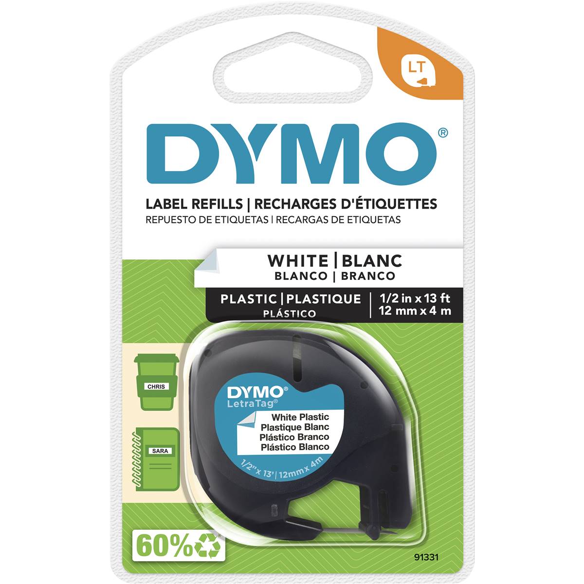 Dymo Letratag White Plastic Tape 12mm x 4m 1 Pack