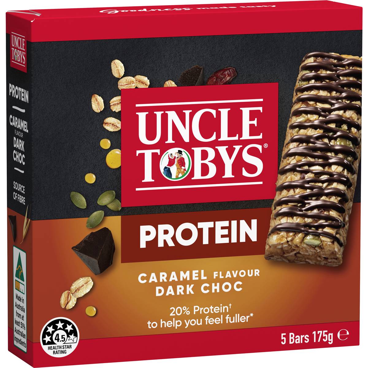 Uncle Tobys Protein Caramel Flavour Dark Choc Muesli Bars 5x35g