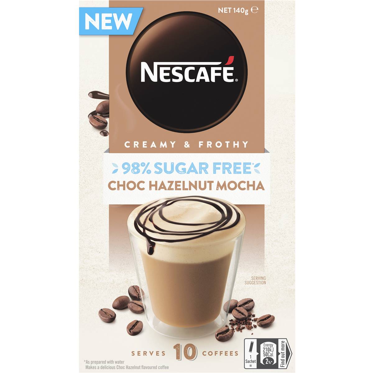 Nescafe 98% Sugar Free Choc Hazelnut Mocha Coffee Sachets 10x14g