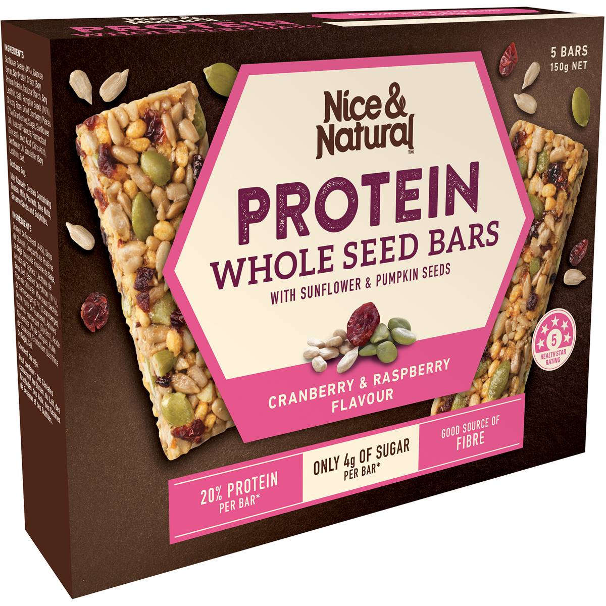 Nice & Natural Protein Wholeseed Bars Cranberry & Raspberry 5x30g