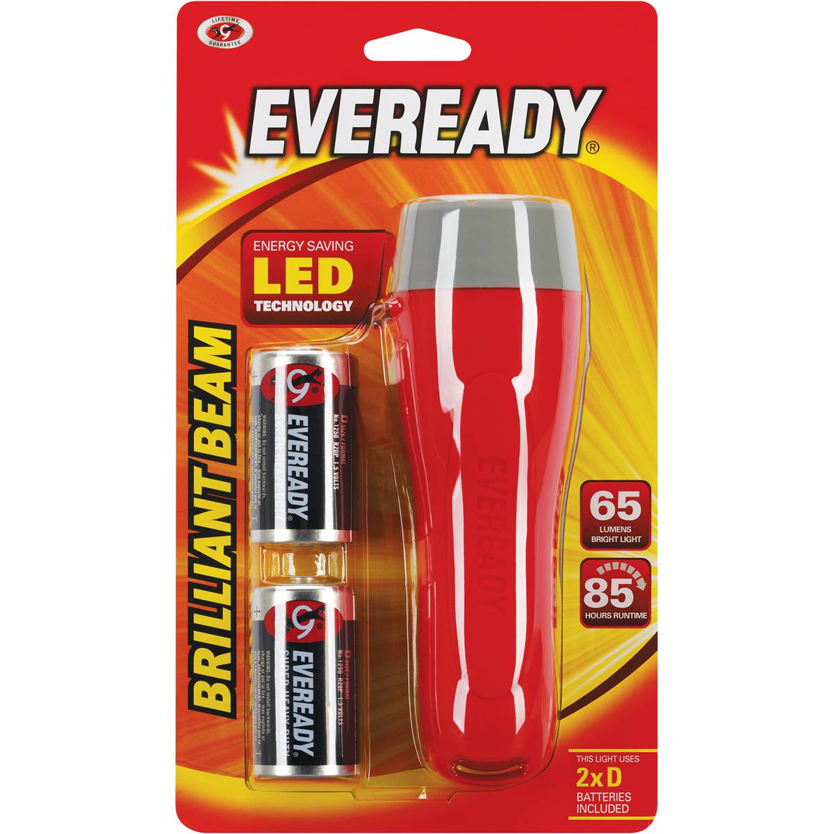 Eveready Torch Brilliant Beam Flashlight 2x D Type 1 Pack