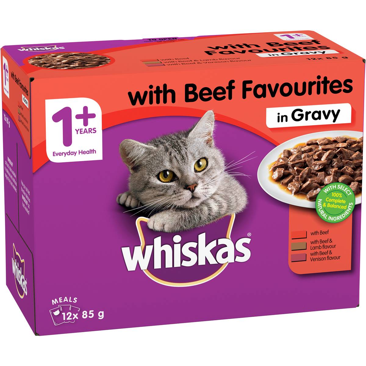 Whiskas 1+ Years Wet Cat Food Favourites Beef In Gravy Pouch 12x85g