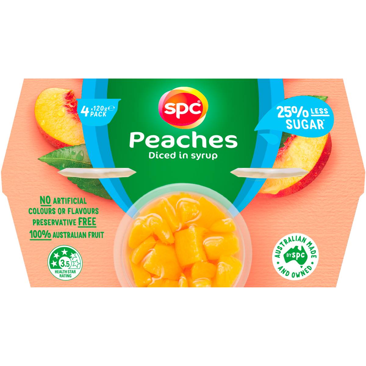 Spc Less Sugar Diced Peaches In Juice Fruit Cups 4x120g