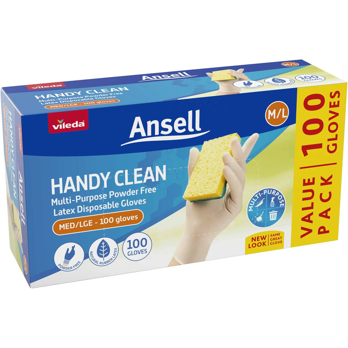 Vileda Ansell Handy Clean Latex Multi-purpose Gloves M/l 100 Pack