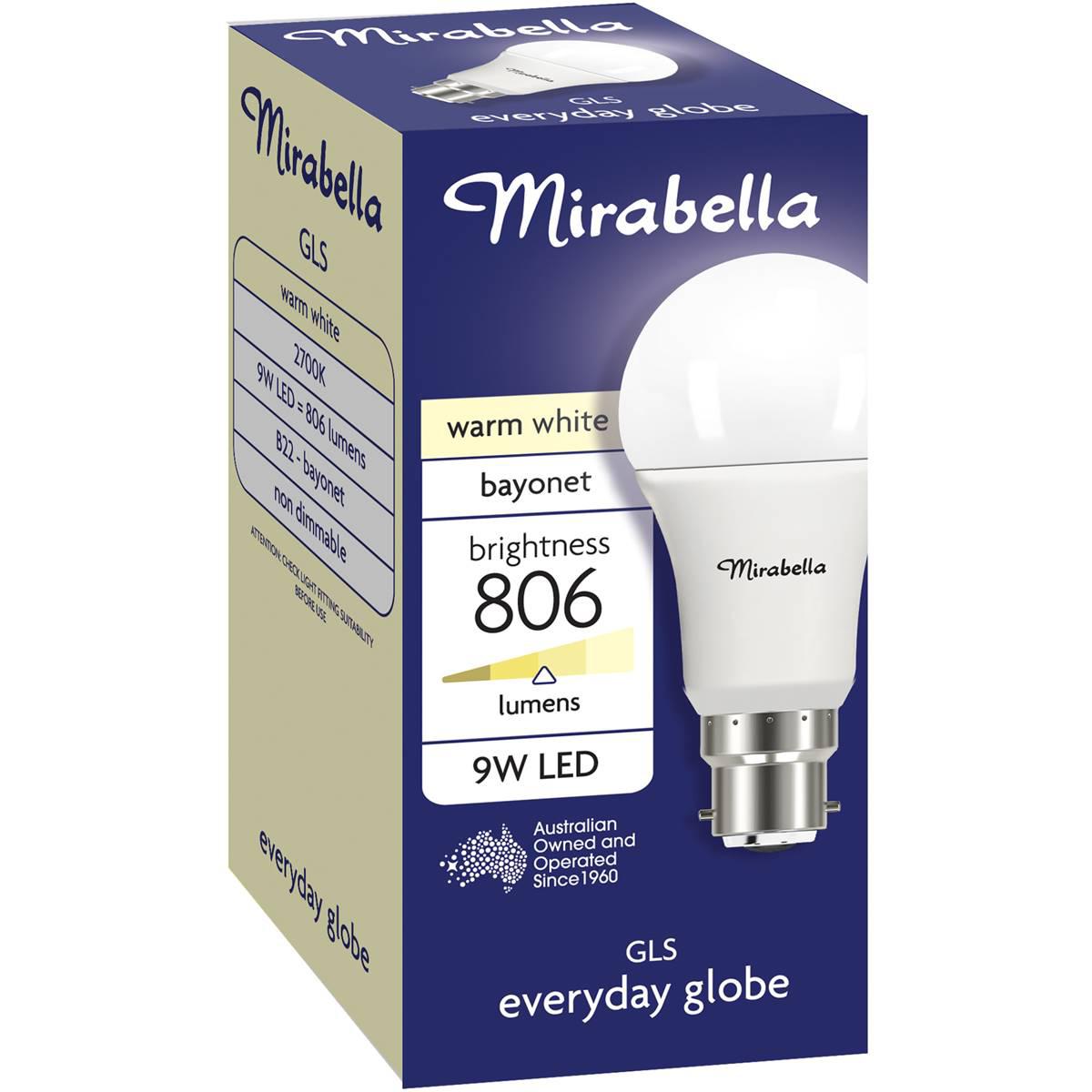 Mirabella 9w Led Gls Bayonet Warm White Light Globe 1 Pack