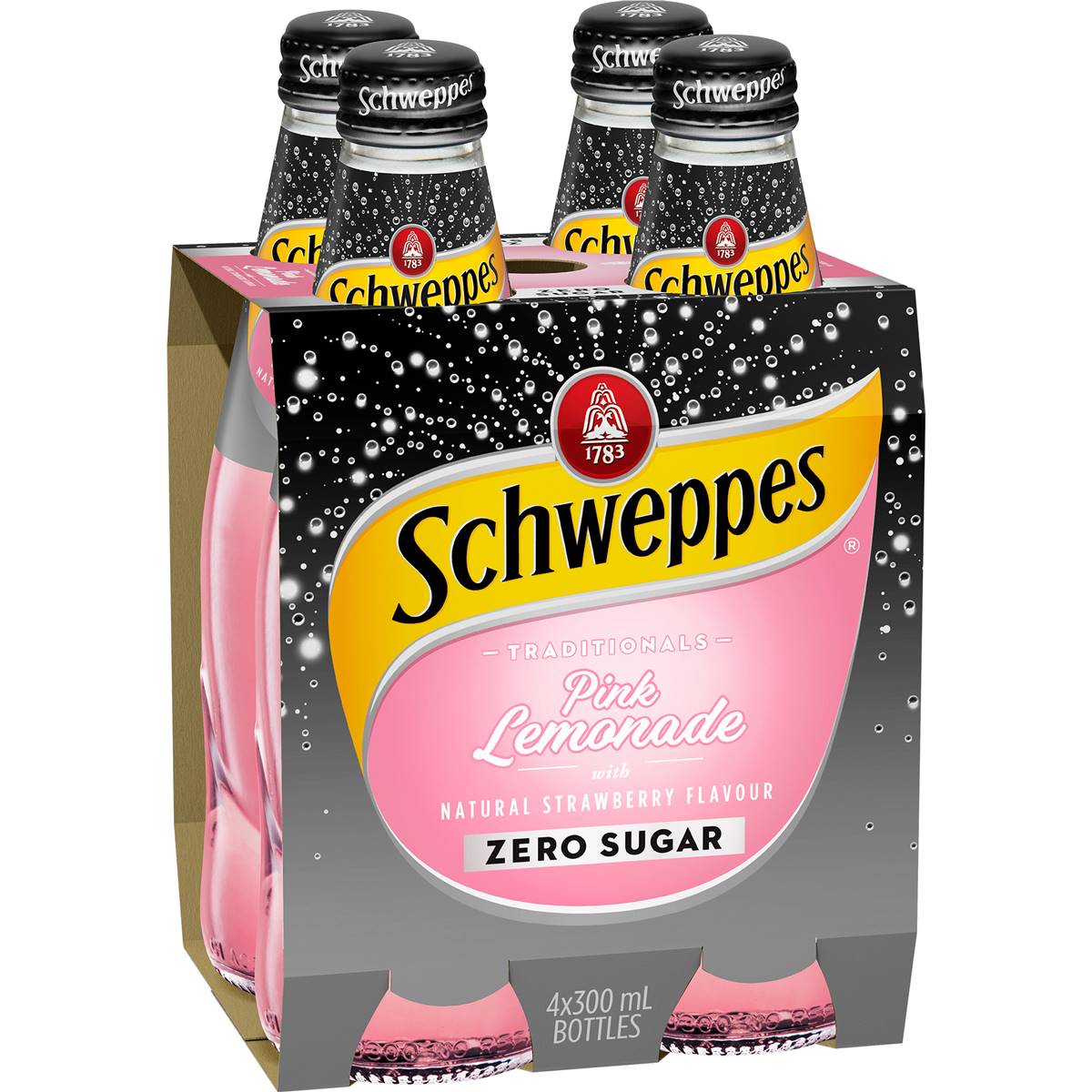 Schweppes Zero Sugar Pink Lemonade Soft Drink Bottles Glass 4x300ml