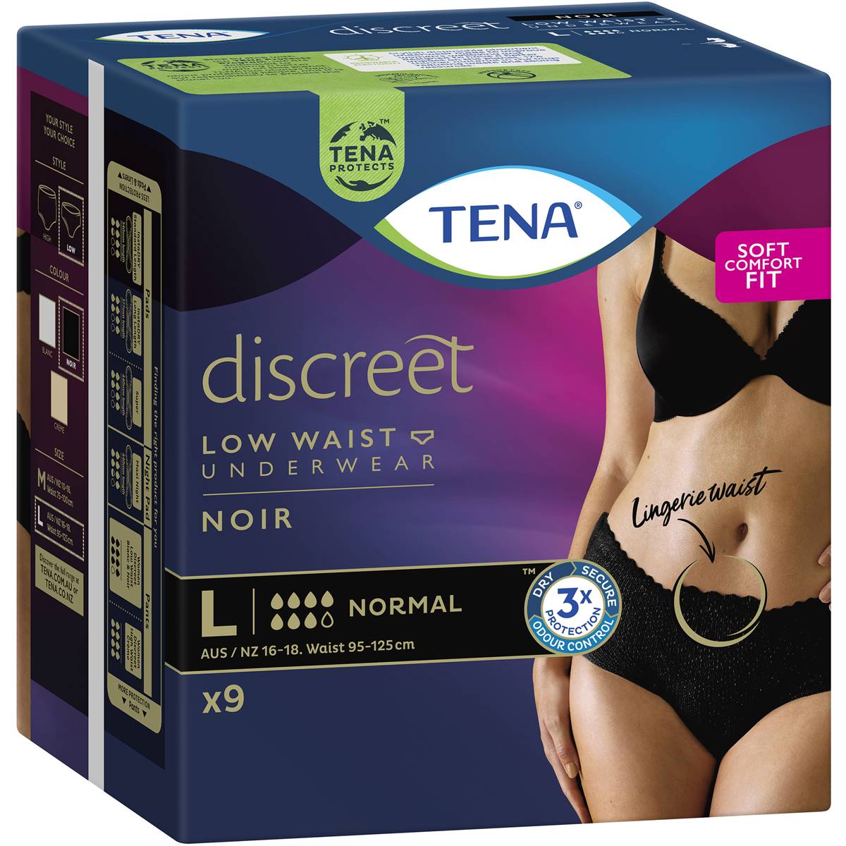 Tena Discreet Underwear Black Pants Large 9 Pack