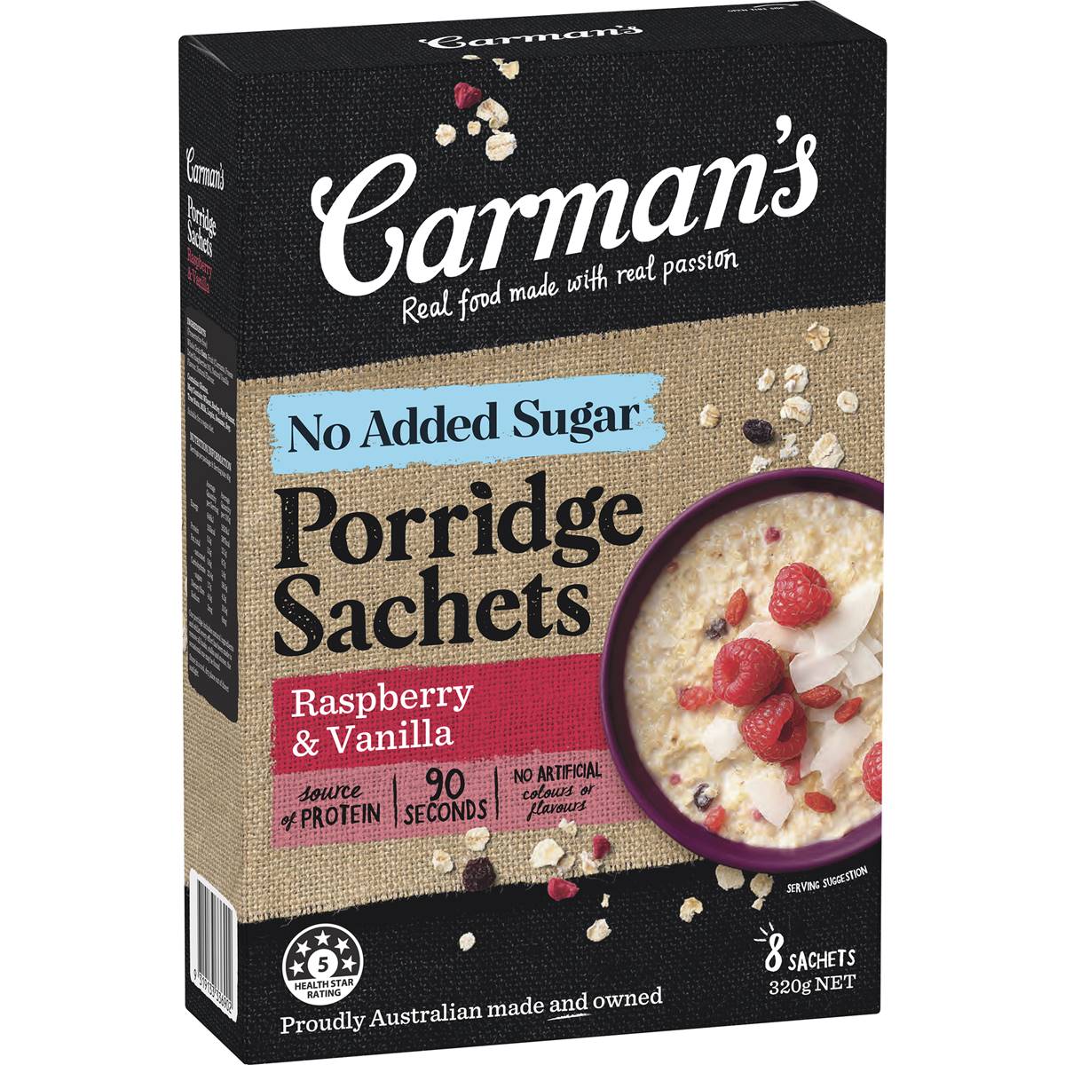 Carman's No Added Sugar Porridge Sachets Raspberry & Vanilla 8x40g