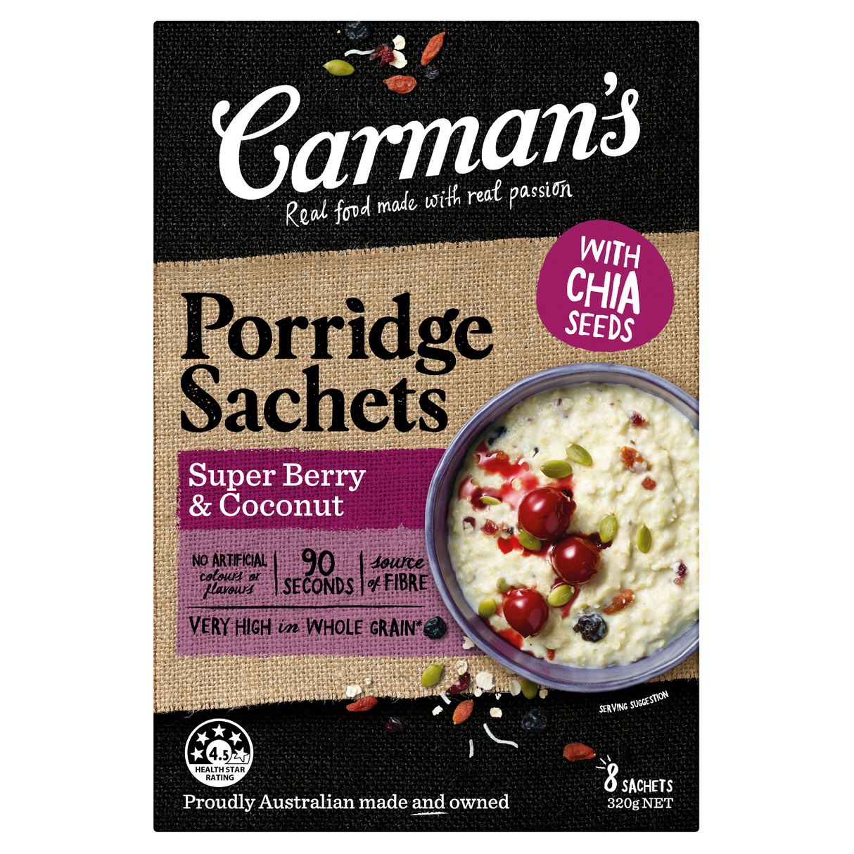 Carman's Porridge Sachets Super Berry & Coconut 8 Pack