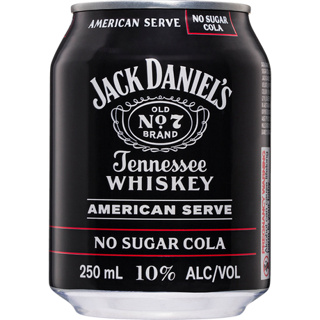 Jack Daniel's American Serve Whiskey & No Sugar Cola Cans 24x250ml product image.