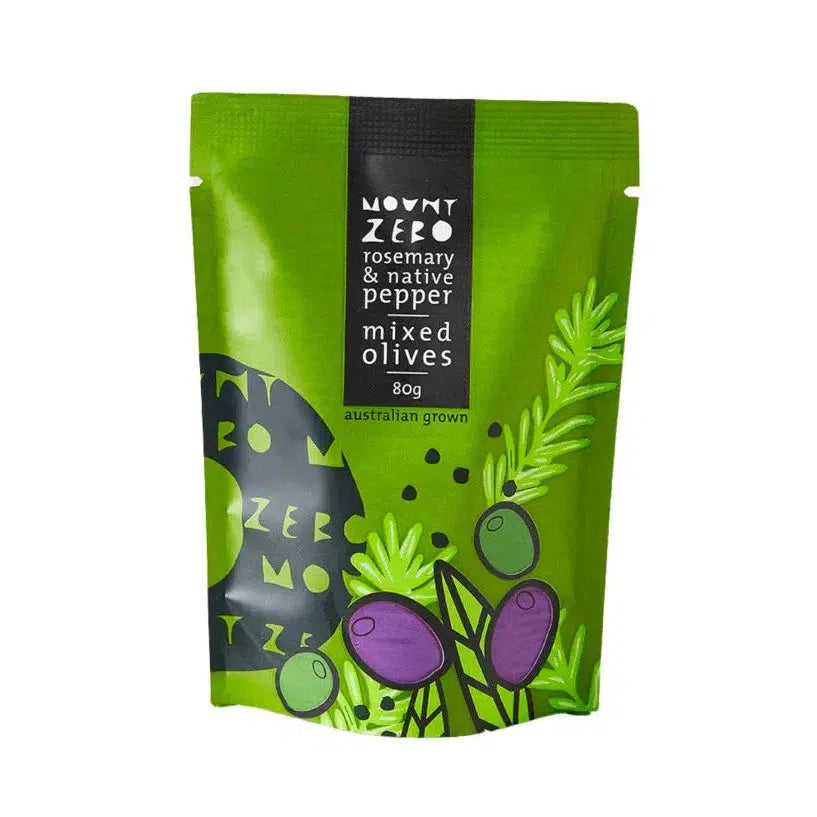 Mount Zero Rosemary & Native Pepper Marinated Olive Pouches 80g