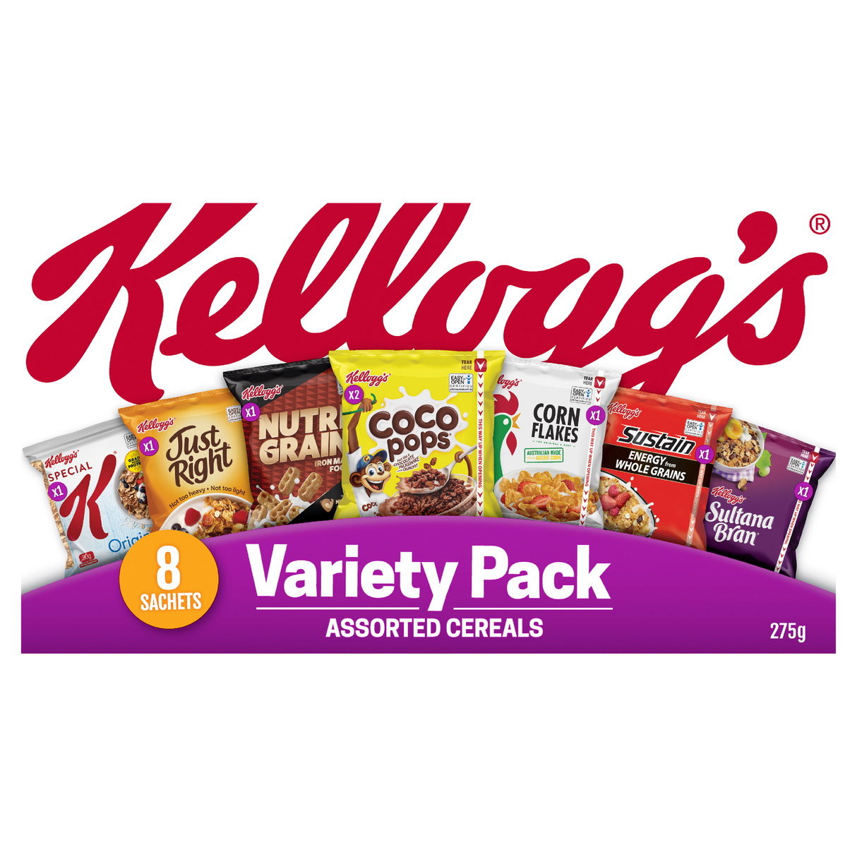 Kellogg's Variety Pack 8 Assorted Breakfast Cereal Sachets 275g