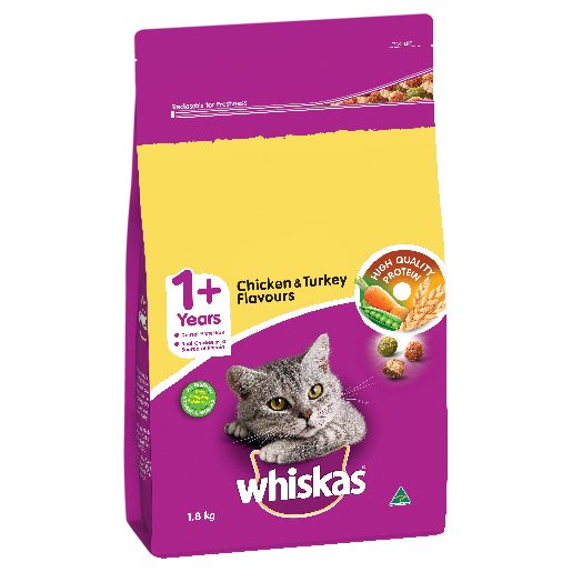 Whiskas 1+ Years Adult Dry Cat Food Chicken & Turkey Flavour 1.8kg