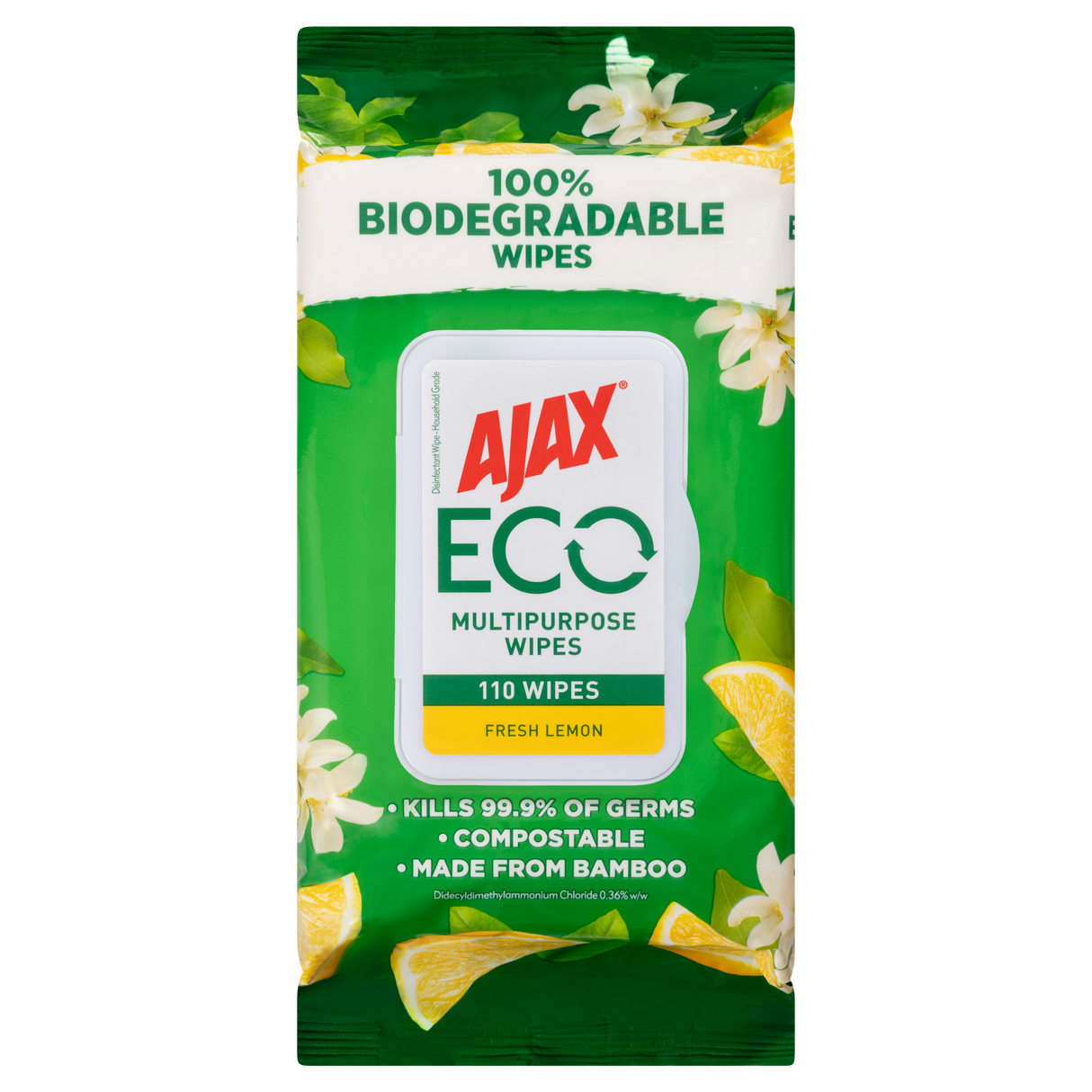 Ajax Eco Fresh Cleaning Surface Wipes Lemon Antibacterial Disinfectant 110 Pack