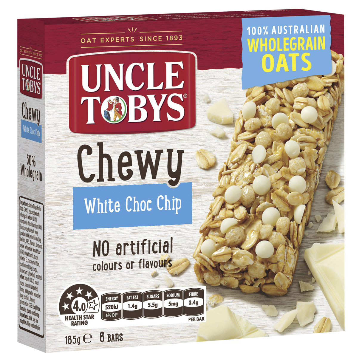 Uncle Tobys Chewy White Choc Chip Bars 6 Pack